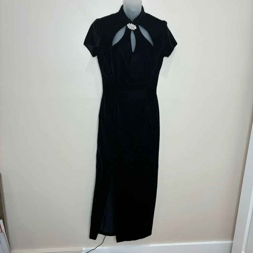Jessica McClintock Gunne Sax Vintage Black Velour Gown Dress broach size 9/10